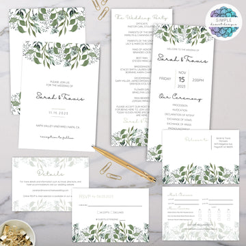 all in one printable botanical greenery outdoor wedding invitation suite with rsvp meal and program cards included